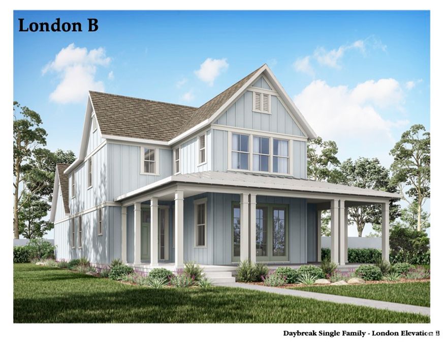 The London B offers 3 bedrooms upstairs, a spacious primary suite with vaulted ceiling, and a main floor flex room. Enjoy a gourmet kitchen, oversized great room, and covered patio-plus basement potential and optional 3-car garage!