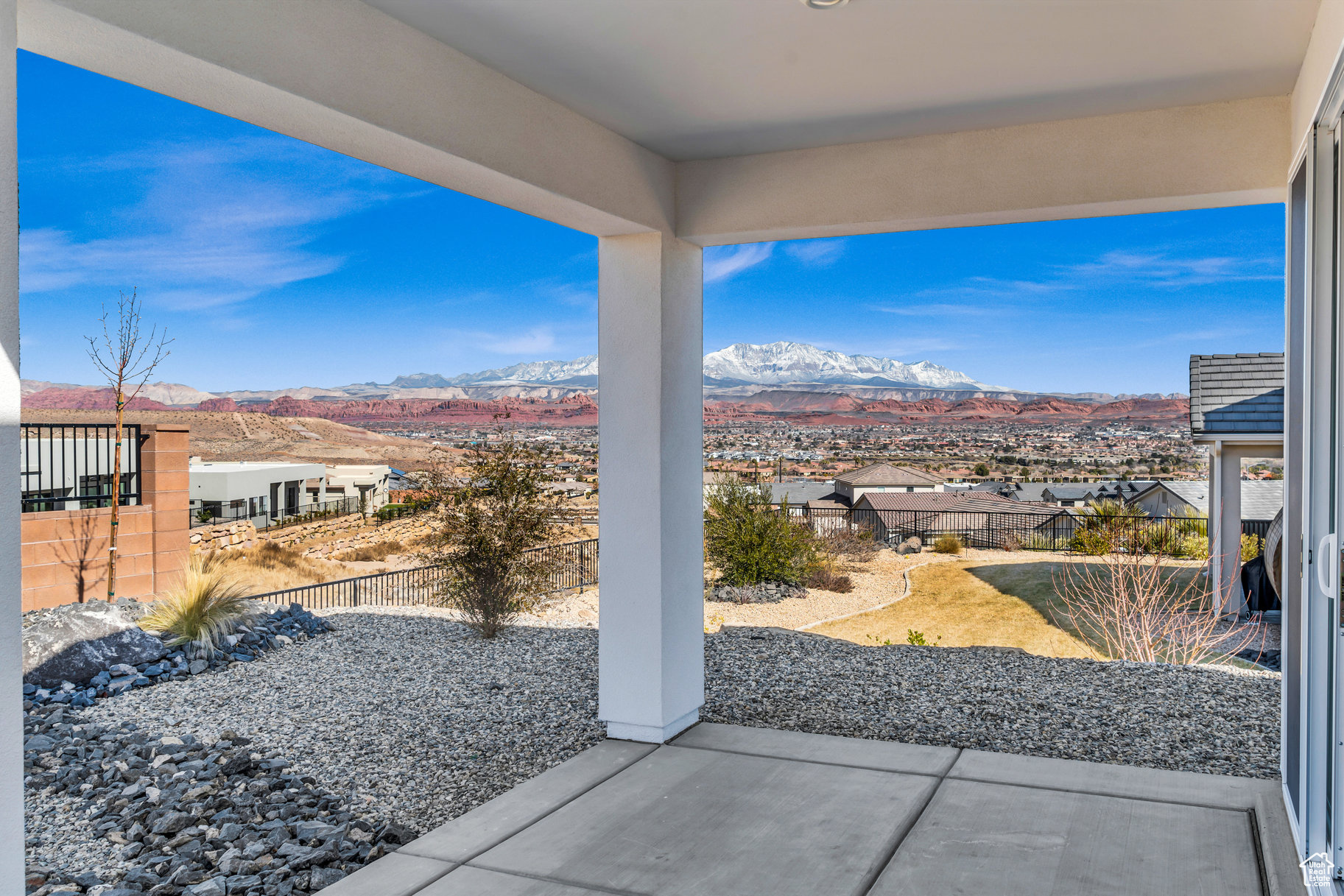 Located in the desirable Cecita Crest at Divario, this stunning 2024-built home sits on an elevated view lot, capturing breathtaking panoramas of Southern Utah's iconic Pine Valley Mountain and Red Rock Desert Landscape. On the South-West end of the  one of Utah's most iconic golf course, the Sunbrook Golf Course offers stunning vistas and amazing golfing experience. Designed for both elegance and comfort with well selected builder upgrades, the open-concept layout boasts a spacious 1,798 sqft, 4 bedrooms, 2 bathrooms, 3 car garage with designer garage doors, featuring a gourmet kitchen with quartz countertops, and sleek stainless steel GE appliances and an oversized pantry. The primary suite is a true retreat with a spa-like ensuite and a large walk-in closet. Upgraded finishes, including tiled showers, custom blinds, and epoxied garage floors, elevate the home's style and functionality. Complete with a fully landscaped yard and a coveted 3-car garage, this move-in-ready gem offers the perfect blend of luxury and low-maintenance living in one of Divario's most sought-after neighborhoods. Don't miss your chance to own this extraordinary home with unparalleled views!  The home is a short drive to the sheer massive cliff walls of Zion National Park, the hoodoos of Bryce Canyon National park, and the North Rim of The Grand Canyon. There is no place like it. Enjoy nearby hiking, biking, and outdoor adventures or any of the 4 amazing large reservoirs such as Sand Hollow, Quail Creek, and Gunlock, and thousands of recreational public acres for the adventurous at heart such as the Dixie National Forrest and the breathtaking Snow Canyon State Park. The region is also known for its internationally renowned golf courses that recently hosted the PGA tournament and will soon host the LPGA. Saint George is also the host for many events such as the Ironman, Red Bull Rampage, the Huntsman Senior Games Golf Championships, and the Saint George Marathon. All information herein is deemed reliable but is not guaranteed. The buyer is responsible to verify all listing information, including square feet/acreage, to the buyer's own satisfaction.