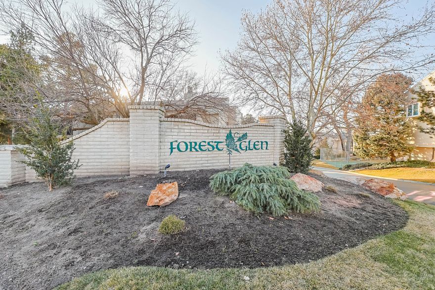Rarely available top-floor 3-bedroom condo in sought-after Forest Glen, overlooking the pool. Features a fully updated kitchen (2023) with quartz countertops and stainless steel appliances, plus newer SPC luxury flooring and new base & case (2023). Open floor plan with large, light-filled spaces and exceptional storage, including a large, secured storage room in the garage. Major systems updated: Furnace/AC (2017), Water heater & water softener (2019). Includes 2 designated parking spaces, secure parking, and secure building entry. Beautifully landscaped grounds with sidewalks and trails. Amenities include clubhouse, gym, game room, pool, tennis courts, and adjacency to Forest Dale Golf Course. Walkable to Sugar House, dining, parks, schools, transit, and entertainment. Easy freeway access and quick routes to canyons and ski resorts. One of Salt Lake City's hidden gems.  Square footage figures are provided as a courtesy estimate only and were obtained from County.  Buyer is advised to obtain an independent measurement.