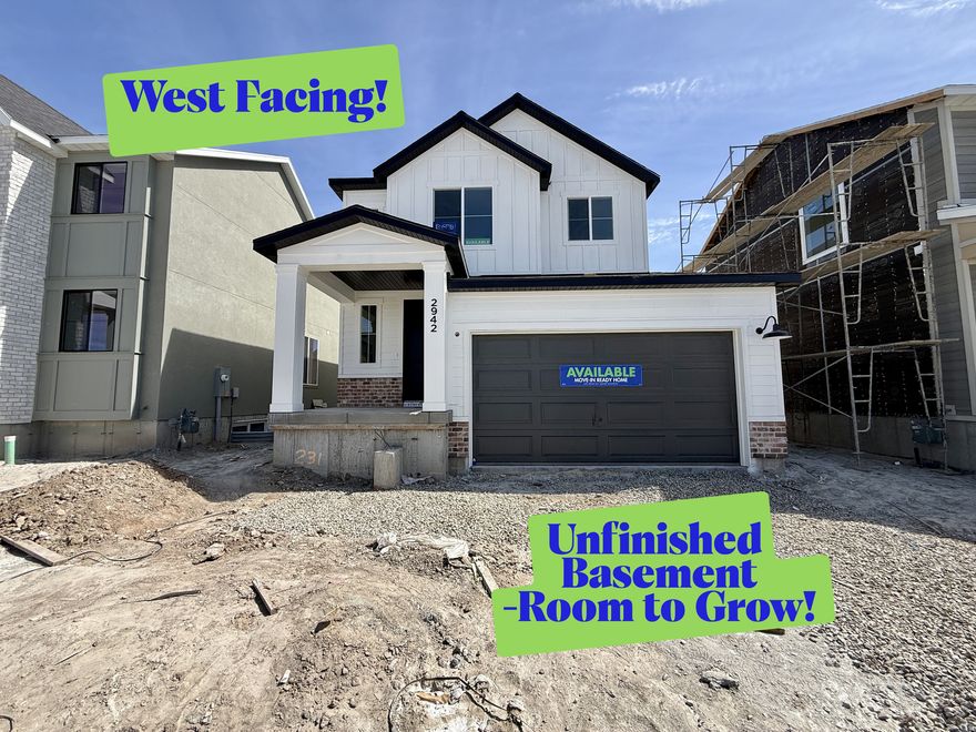 Welcome to this stunning new construction home featuring a modern exterior and west-facing orientation, allowing for beautiful natural light throughout the day. Currently under construction, this home combines stylish design with a functional layout perfect for everyday living.  The main level offers an open-concept living space with a spacious great room, dining area, and a beautifully designed kitchen complete with a large island, sleek countertops, and ample cabinetry. Thoughtful details like modern lighting, durable flooring, and large windows create a bright and inviting atmosphere.  Upstairs, the private primary suite includes a well-appointed bathroom with dual vanities, a separate tub and shower, and generous closet space. Additional bedrooms and a conveniently located laundry room provide comfort and practicality for the whole household.  The unfinished basement offers room to grow, giving you the opportunity to customize additional living space to fit your needs. It also includes a dedicated cold storage room for added functionality.  Additional highlights include a 2-car garage, welcoming covered front porch, and quality finishes throughout. With its modern style, flexible space, and great natural light, this home is a fantastic opportunity in a growing community.