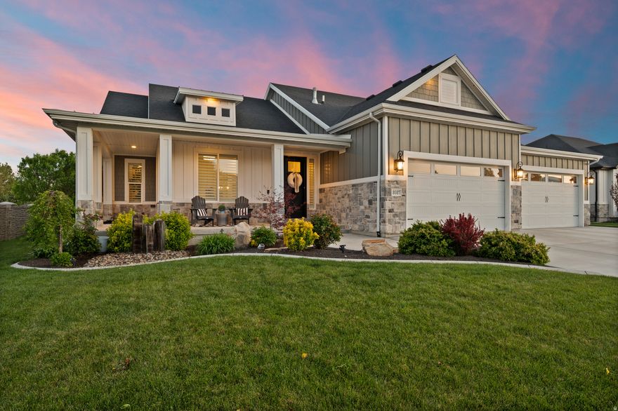 This Lovely home located in the coveted Pearl Cove neighborhood features board & batten siding, stucco, accented stonework and craftsman-inspired architectural details.  A welcoming covered front porch with square columns offers a cozy seating area, while large windows add brightness and symmetry. The four-car garage with carriage-style doors blends seamlessly into the design. The yard is meticulously landscaped with a lush green lawn, sculpted shrubs, decorative rock beds, covered patio, hot-tub and a striking water feature that enhances the home's curb appeal.  Inside you will love the open floor plan, vaulted ceilings and natural light. Off the entry is a main floor private den followed by a large, light and bright, great room with a fireplace and extra tall ceilings which blends into the dining area and custom kitchen that boasts a large island, Quartz countertops, stainless-steel appliances and walk in pantry. The large main floor Primary Suite has a wonderful bath with double vanity, soaking tub, separate shower, water closet and walk in closet with laundry.  Upstairs you will find a large multipurpose bonus room which is currently used as a bedroom with en suite. Downstairs you will find a large entertainment space with a 2nd full kitchen, 2 additional bedrooms, additional bathroom and ample storage (including a separate large cold storage area). Don't miss this rare opportunity to own this quality main floor living home that checks all the boxes.  Sq ft. per recent Appraisal and is provided as an estimate, Buyer to verify