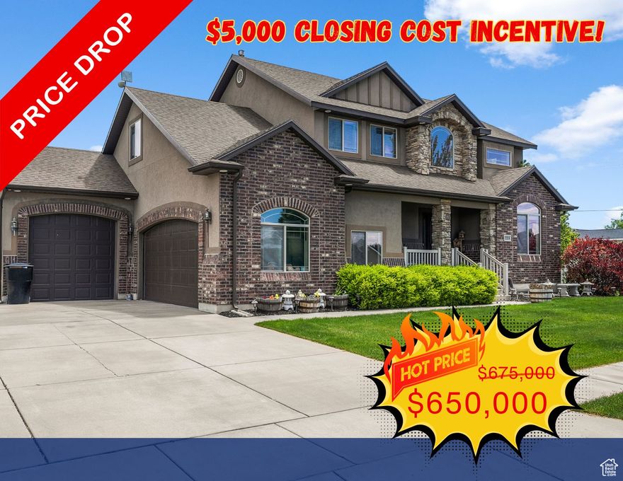 $25,000 Price Adjustment plus the seller is offering a $5,000 closing cost incentive.  Welcome to this beautifully maintained home in Clinton, Utah, offering a spacious and fully fenced .34-acre yard complete with an included storage shed. The exterior showcases a timeless blend of stucco, brick, and stone, and a charming covered front porch while the oversized 4-car garage-with one extra-tall door-and additional RV parking provide all the space you need for vehicles and toys. Inside, the primary suite is a true retreat, featuring a generous sitting room, a walk-in closet, and a luxurious bathroom with an oversized jetted tub and separate shower. The main level boasts a formal living room and an open-concept great room with a cozy gas fireplace just off the kitchen, which is equipped with granite countertops, a 5-burner gas range, stainless steel appliances, staggered-height and depth cabinets, and tile floors. A sliding glass door leads to the backyard patio, which is wired for a hot tub and perfectly shaded in the evenings thanks to the home's desirable west-facing orientation. Additional conveniences include a mudroom/drop zone off the garage entry and an upstairs laundry room near the bedrooms. The lower level has been framed and is ready for your finishing touches. Located just half a mile from a large city park featuring volleyball courts, disc golf, a playground, sports fields, and pickle ball courts, and only 4.5 miles from Hill Air Force Base, this home also sits within 3.5 miles of three golf courses, offering an unbeatable combination of comfort, space, and location.