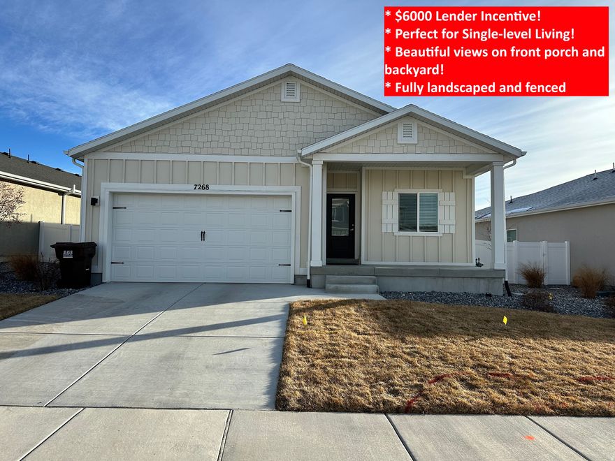 $6,000 lender concession available!  Enjoy single-level living in this fully fenced, beautifully landscaped 3-bedroom, 2-bath home in Eagle Mountain. Perfect for downsizers with a private, accessible primary suite, or young families seeking space to grow.  Start your mornings or unwind in the evenings on the charming front porch with beautiful open views, or spend quality time in the private backyard - perfect for kids, gardening, or entertaining.  Designed for easy living, this well-maintained home provides privacy, open space, and a low-maintenance lifestyle - all with the freedom of a detached home with no shared walls.  Whether you're downsizing or raising a family, this is the ideal place to simplify, relax, and enjoy life.