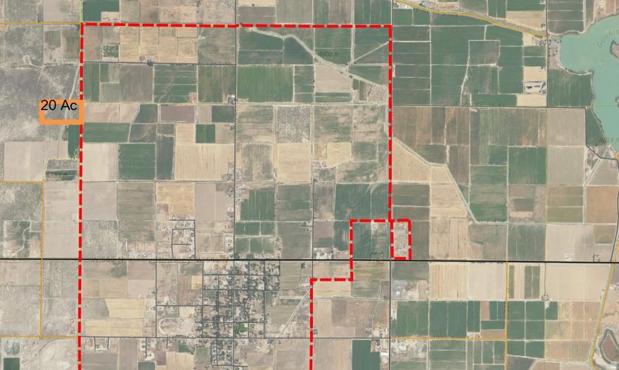 20 acres on the NW outskirts of Hinckley. East line borders the Hinckley City Limits (shown in red on the outline). Located in Range 8 that allows for new water appropriation from the Div. of Water Rights. Great get-away, grazing area, or even a homesite/building site if county building requirements can be met. To Access: From Main Street in Hinckley, head north to 1750 North, turn west, go one mile (past the cemetery), turn south, go 1/4 mile to the NE corner of the property.