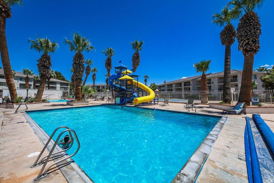 Short-Term rental approved. End unit at the Las Palmas Resort. This fully-furnished condo includes an oversize deck overlooking the pools and amenities. Rent nightly and offset any ownership expenses. pools, splash pad, hot tubs, waterslides, fitness center, clubhouse, pickleball, basketball, and volleyball.