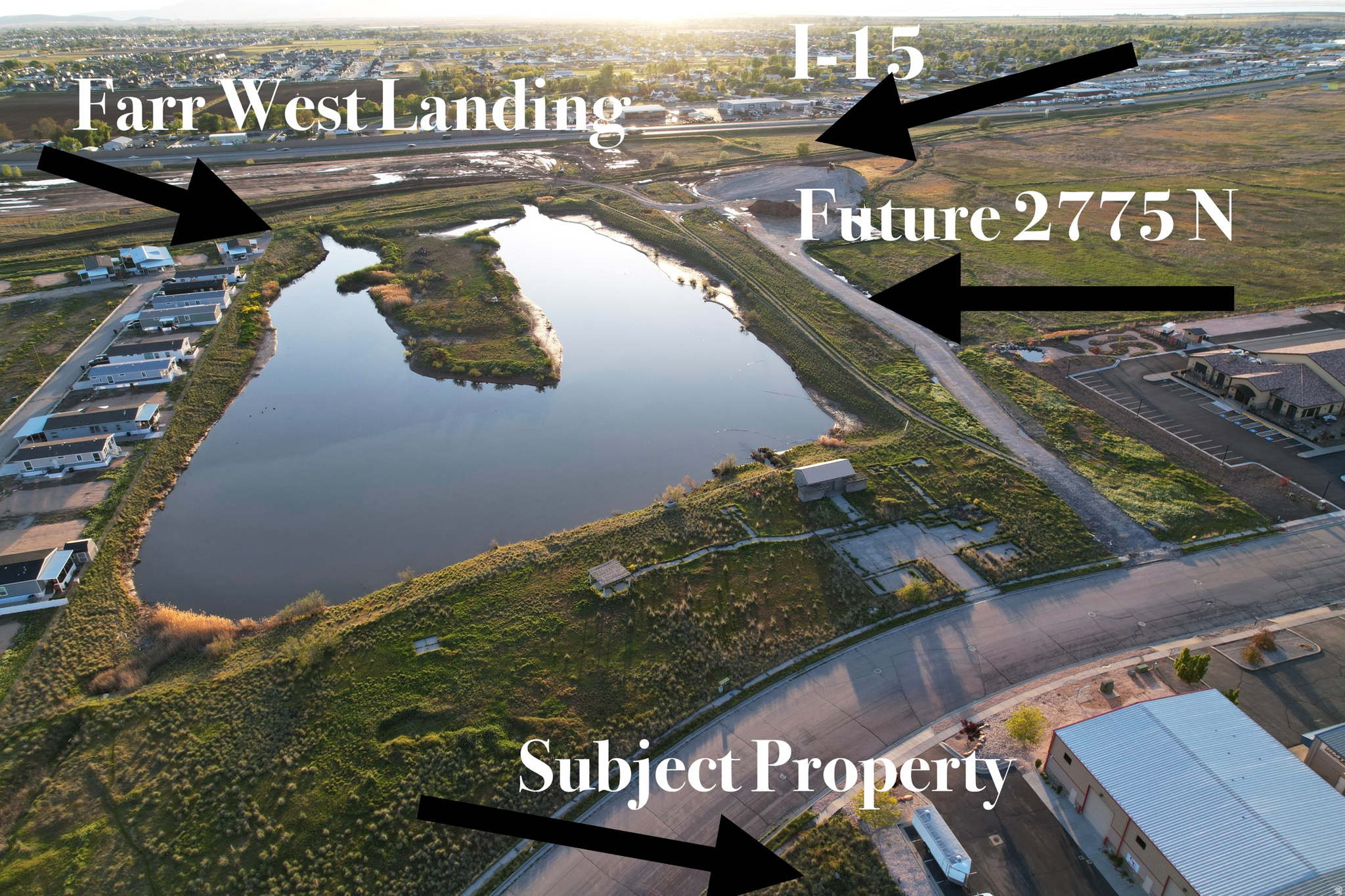 Aerial view showing the subject property near I-15, Farr West Landing, future 2775 N, and the growing Farr West/Pleasant View commercial corridor.