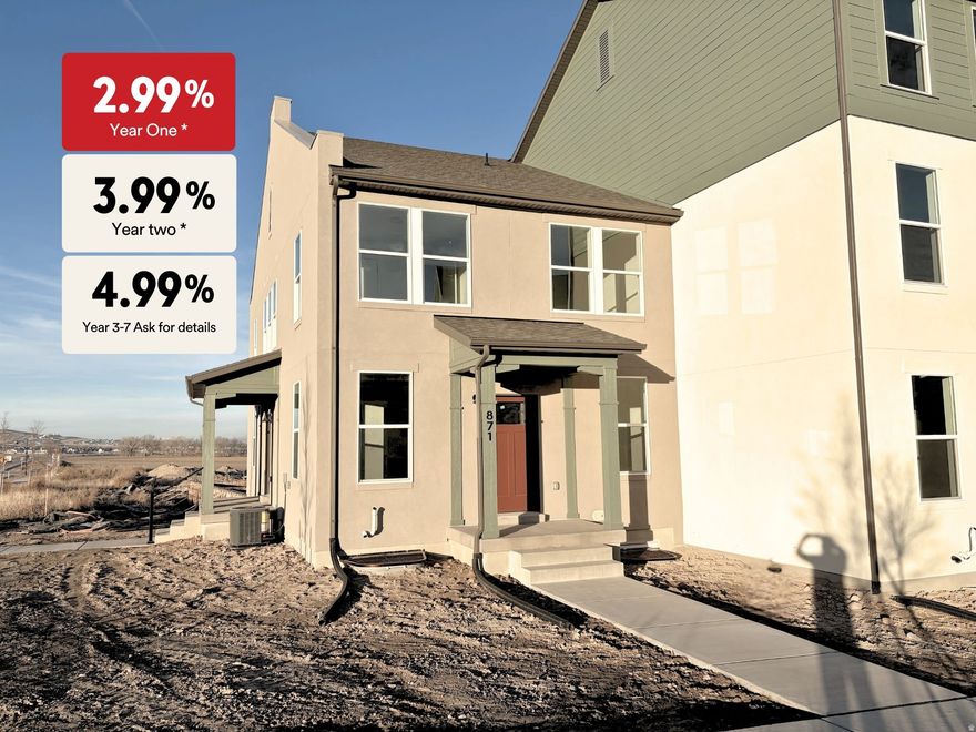 Elevate your homeownership journey with a 3.99% first-year rate and 4.99% long-term 30-year fixed on this beautifully designed Oxley townhome at Beacon Pointe! With 2,364 sq. ft., this home offers 3 bedrooms, 2 baths, a 2-car garage, and a full unfinished basement with room for two more bedrooms and a third bath. Enjoy low-maintenance living-HOA dues include high-speed fiber internet and full exterior landscaping. The open-concept main floor features a modern kitchen with quartz countertops, stainless steel appliances, and stylish finishes throughout. Upstairs, the vaulted primary suite provides a relaxing retreat with a spa-inspired bath and walk-in closet. Beacon Pointe adds resort-style amenities such as a pool, pickleball courts, playgrounds, and scenic open spaces.mJust steps from the Saratoga Springs Temple and boasting incredible Mount Timpanogos views, the Oxley delivers unbeatable comfort, location, and value. *Lender Incentive: Must use Destination Homes' preferred lender, First Colony Mortgage. Terms, rates, and eligibility vary; not all buyers will qualify. Offer subject to change. See Sales Agent for details.  Some interior photos may be from a similar or staged unit.