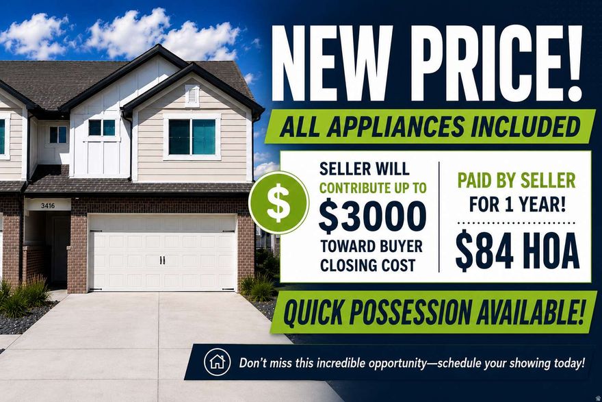 Offered at $388,000, this beautifully maintained end-unit townhome in West Haven presents an incredible opportunity-with comparable value potential up to $400,000. Located at 3416 W 3950 S, this spacious 1,533 sq ft home features 3 generously sized bedrooms and 2.5 bathrooms, providing both comfort and functionality. The open living area is perfect for relaxing or entertaining, while large windows showcase stunning mountain views you'll love waking up to each day. The property includes a convenient 2-car garage and comes move-in ready with all major appliances-refrigerator, washer, and dryer are all included. Additional items may be negotiable, offering flexibility for buyers. This desirable end unit provides added privacy and natural light, making it stand out from the rest. The home is only being sold due to job relocation, creating a great opportunity for the next owner. Don't miss your chance to own a well-cared-for home in a scenic and convenient location.