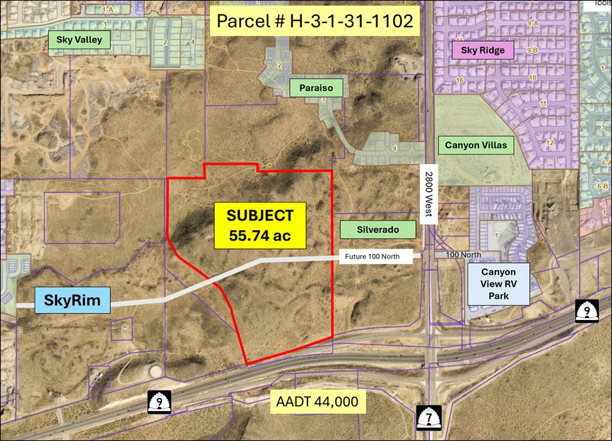 Very high exposure 55.74 acres of retail ground near the new intersection of SR-9 and SR-7 in Hurricane. Located half a mile from Walmart and one mile from Sand Hollow Road. Across SR-9 is the location of the new Hurricane Landing Retail Center and the new Zion Regional Hospital. SR-7 is the recently completed state highway that begins at Exit 2 connects to the St. George airport and Sand Hollow Reservoir and intersects with SR-9 at 2800 West. AADT for SR-9 is 44,000 cars per day. SR-9 is the gateway to Zion National Park and connects to SR-59 the road to the Grand Canyon National Park. The parcel is located between two popular water recreational areas of Quail Creek State Park and Sand Hollow State Park. West Hurricane area has witnessed explosive residential growth with many new residential developments under construction and completed. Hurricane City will look at commercial zoning on this parcel and/or a combination of commercial and residential developments.