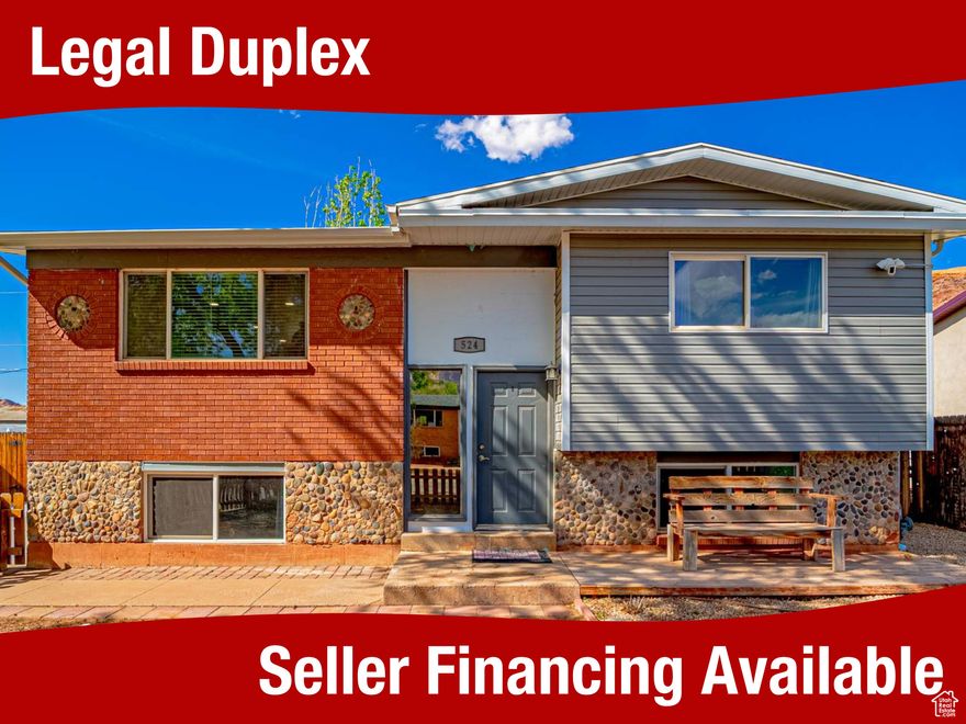 Welcome to this wonderfully updated legal duplex in beautiful Moab UT! It's been tucked away in a quiet neighborhood, near Main Street's stores and restaurants, and still just minutes from the local recreation opportunities. Each unit features open concept living areas, 2 bedrooms, & 1 bathroom. They both have their own kitchen, laundry, yard, and private entrances. Would be ideal for a primary home with a guest suite, a rental property, or could easily be converted to a single family home. Many recent renovations- including a new HVAC system, all new electrical, roof, siding,  flooring, paint, an oversized tankless water heater as well as a complete basement remodel with built-in bunk beds. You'll appreciate the extensive parking for all of your off-road toys & trailers, plus room to build a shop. Whether you're looking to invest or settle into Moab full-time, this property offers versatility, value, and small-town charm. Enjoy easy access to world-class hiking, biking, rafting, off-roading, stunning national parks, red rock views, and endless adventure! Buyer/Buyer Agent to verify all info. **Now Offering Seller Finance - Reach out for more details!**