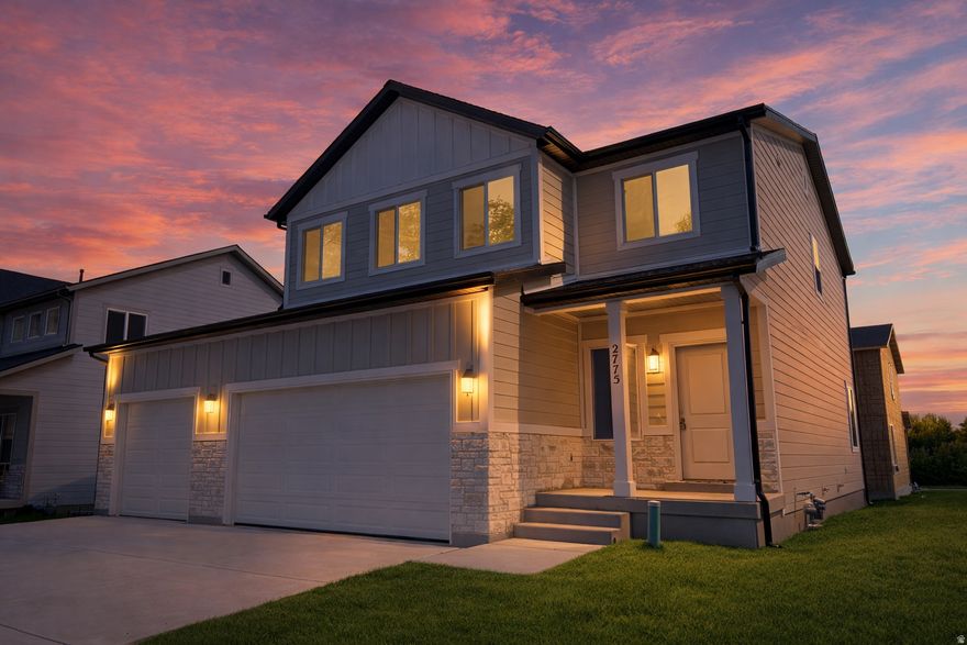 Two story home in new Magna community. Large kitchen with painted, soft close cabinetry, waterproof laminate flooring, quartz countertops, island and large pantry. The primary bedroom has two walk-in closets. The second floor also features a nice loft and laundry room with close access to the primary bedroom and additional shelves for storage. Exterior features include 3 car garage, cement fiber board siding and cultured rock with front porch. Home is west facing so the backyard will be great for enjoying summer nights in the shade of the home. Basement is unfinished but is rough plumbed for an additional bathroom. An additional family room and bedroom can also be added to the basement.