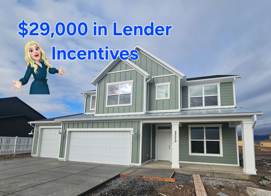 This beautiful south-facing farmhouse offers a spacious great room filled with natural light, abundant storage, and a massive four-car garage. Set on a large lot with stunning mountain views, the home features five bedrooms and thoughtfully designed spaces, providing everything you need for comfortable, stylish living. Over $29,000 available in lender incentives.