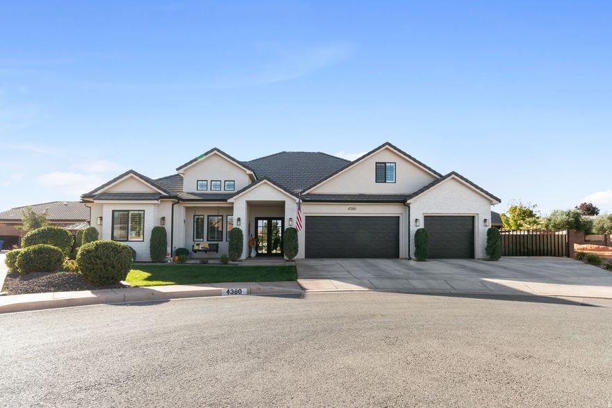 This stunning custom home is immaculate inside and out! Step through the wide entryway into a bright, open living area with 20-foot vaulted ceilings and a gorgeous floor-to-ceiling brick fireplace. It also features 10-foot ceilings throughout the home and 20-foot ceiling in the office. The chef's kitchen features double gas ovens, a butler's pantry, quartz countertops, and custom cabinetry that extends to the ceiling. The family room includes built-in lighted shelves, storage cabinets and surround sound-perfect for movie nights. The primary suite offers a spa-like bathroom with a soaking tub, separate shower, and spacious walk-in closet. Upstairs, a private guest bedroom with a full bath is ideal for visitors or older kids. Enjoy plantation shutters and quartz finishes throughout, plus an entertainer's backyard with a sparkling 35' x 25' pool, pergola-covered hot tub, gazebo, and grassy play area. The extended garage has ample built-in cabinets and the RV parking is equipped with a 220 outlet and sewer dump. This home combines comfort, style, and space-perfect for making family memories! Square footage figures are provided as a courtesy estimate only and were obtained from county records. Buyer is advised to obtain an independent measurement and verify all.