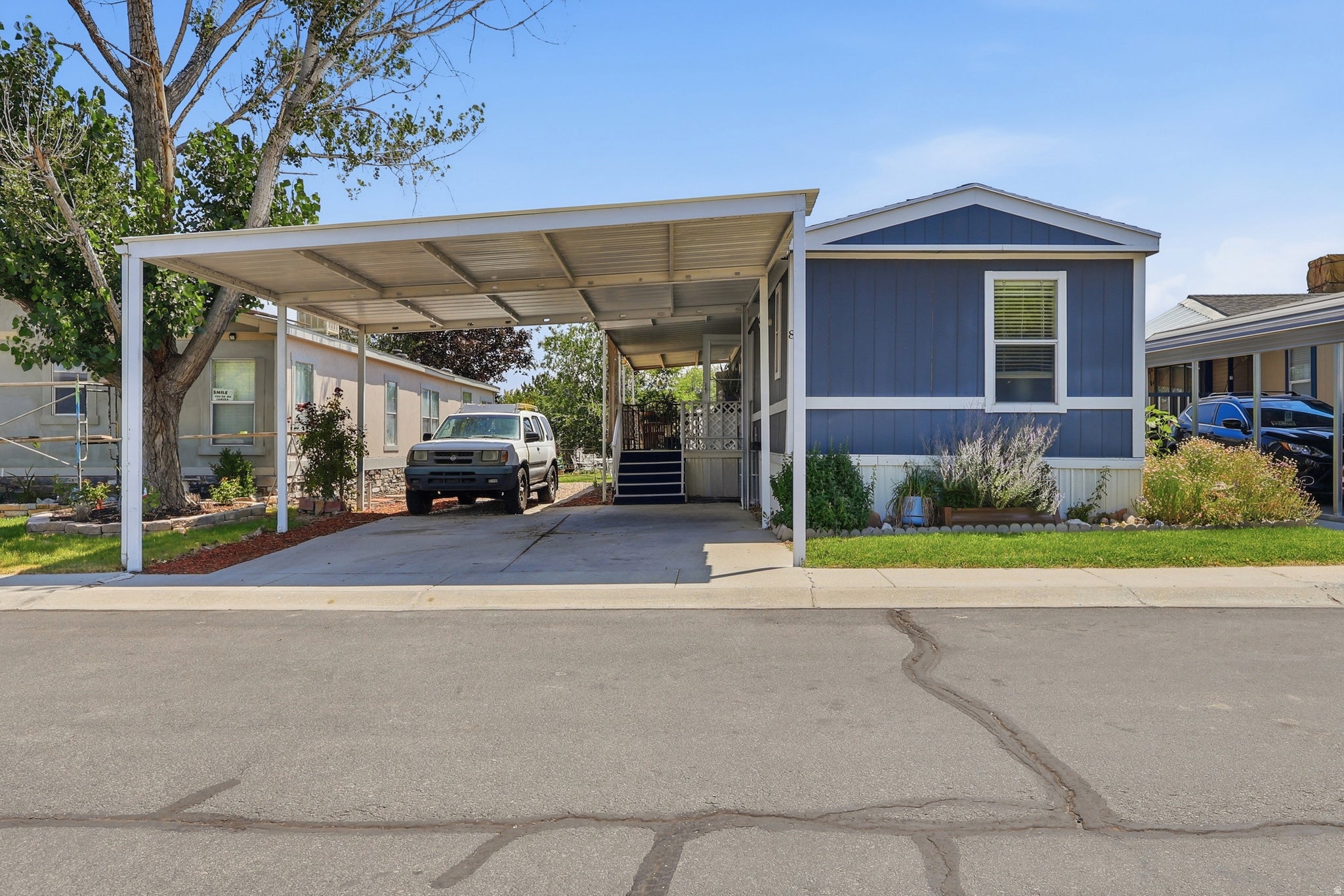 Blue-sided residence featuring a covered carport, concrete driveway, and white trim