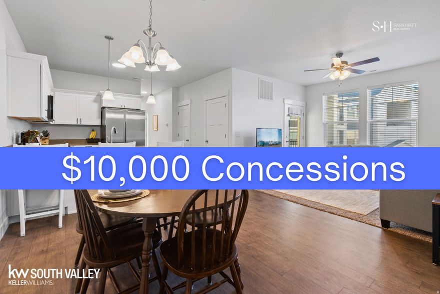 Looking for a lower monthly payment? Seller is offering $10,000 towards a rate buy down, closing costs, or even prepaid HOA fees. Ask your lender to run the numbers. This home has peaceful views overlooking the beautifully maintained common areas, with the community pool and clubhouse just steps from your door. You'll also have access to the highly sought-after Wildflower Lake amenities, including pickleball courts, playgrounds, walking paths, and a brand-new dog park. This HOA covers more than your basic community. Conveniently located just off the newly connected Mountain View Corridor, this home offers an easy commute while still maintaining a quiet neighborhood feel. The end-stall one-car garage provides added space, privacy, and convenience that's hard to find.