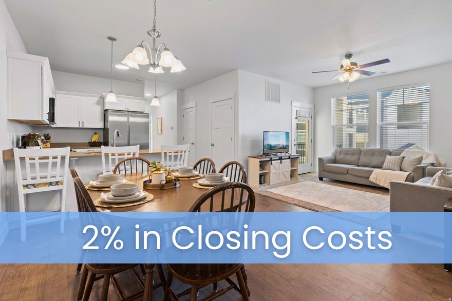 What makes this home special? First off, you'll enjoy peaceful views overlooking the common areas, along with access to a community pool and clubhouse just steps away. You also benefit from Wildflower Lake amenities, including pickleball courts, playgrounds, and a brand-new dog park. Ideally located just off the newly connected Mountain View Corridor, commuting is a breeze while still enjoying a neighborhood feel. As an added bonus, the sellers are offering 2 percent in buyer concessions, which can be used toward an interest rate buy-down or down payment assistance- making this an exceptional opportunity to step into homeownership. Plus the one-car garage is an end stall, providing extra space and convenience compared to others.