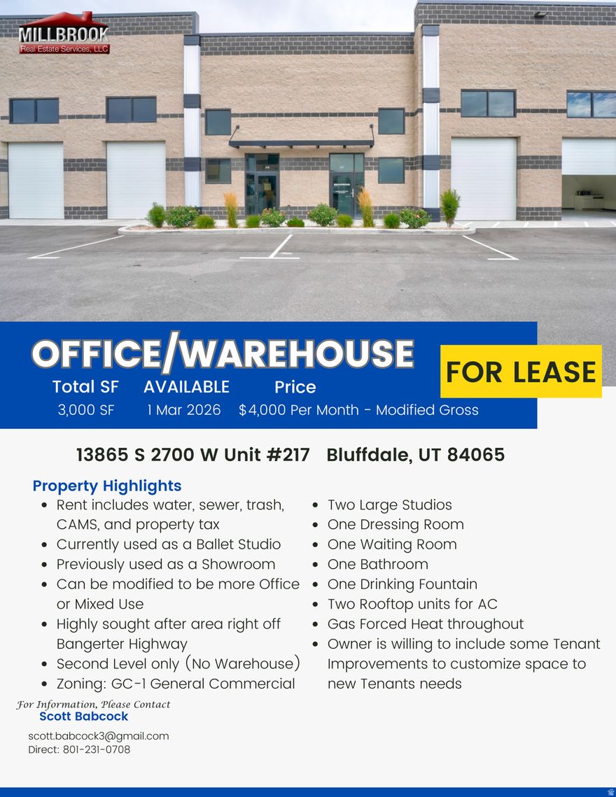 Price Reduced to $3,300 per month!  Large 3,000 square foot space on the second level available with very nice finishes and large open spaces as it is currently used for a Ballet Studio. Space can be used for more office, mixed use, or commercial to fit tenants needs.  Landlord is open to Tenant Improvements to customize the space to fit new Tenants requirements. AI Renderings were completed to show how space could be renovated. Right off of Bangerter Highway in Bluffdale makes this a prime location. Modified Gross Lease of $3,300 per month that includes Water, Sewer, Trash, CAMS, & Property Tax.  Property includes one bathroom, one drinking fountain, two large studio spaces, one waiting room, one dressing room, and heat/AC throughout.