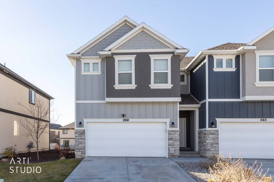 Beautifully designed and move-in ready, this townhome offers the perfect blend of style and functionality. The main floor features inviting living areas ideal for everyday living and entertaining. Upstairs, you'll find four spacious bedrooms, including a stunning primary suite with french doors, double sinks, and a large walk-in closet. The finished basement adds even more living space with a generous great room and a full-sized bathroom. Outside, enjoy a private fenced yard with a turf pad and a gate that opens directly to a large field and playground. Ideally located near I-15, shopping, and schools. Low HOA fees to top it all off that include community playgrounds and pickleball court.   Agent is related to seller.  Square footage figures are provided as a courtesy estimate only and were obtained from county records .  Buyer is advised to obtain an independent measurement.