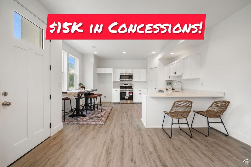 $15,000 seller-paid concessions!!  This 4-bedroom, 2.5-bath townhome delivers more than expected. Enjoy a true laundry room, walk-in pantry, private balconies, open living spaces with modern finishes, and a 2-car garage. Every detail was designed for comfort and convenience.  Location, location, location. Set in a prime Springville location near parks, schools, shopping, and dining, this community makes daily life simple.  3 minutes from I-15. 1 minute from elementary and middle schools, church, and the local park. 2 minutes from Smith's Marketplace. 5 minutes to Walmart and other shopping.   First-time buyers may also qualify for $20,000-$40,000 down payment assistance to lower upfront costs.  First phase of 4 townhomes already sold out, the newest 4 homes are now complete and ready for move-in. This listing is for a row-end unit in the 5 unit building that will be finished near December-each with the same upgraded design.  Photos shown are of a completed home by the same builder.  Finishes and layouts may vary. Subdivision plans and building plans attached in listing documents. Unit 745 appraised for $480K with construction loan appraisal. Buyer to verify all information.