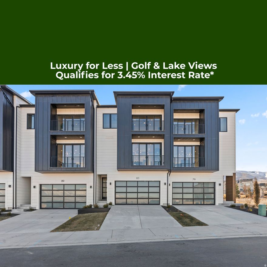 End of year interest rate promotion must be under contract before January 15th, 2026. Move in Ready **Rates as low as 3.45% available via preferred lender. Inquire for more info**  Nestled in a prestigious resort-style community right along Talons Cove Golf Course, this stunning 3-story luxury townhome redefines elevated living. The first floor features a versatile space-perfect as an office, guest room, or flex area-along with a half bathroom. You'll find the heart of the home on the second floor; a stunning open-concept kitchen, dining, and living area with floor-to-ceiling windows at both ends that fill the space with natural light, creating an inviting atmosphere for gatherings and everyday living. The top floor is where you'll find three bedrooms, including the luxurious primary ensuite with its own private patio accessed by floor-to-ceiling glass doors, allowing you to take in awe-inspiring views of Utah Lake and Mt. Timpanogos. The HOA community offers incredible amenities including a year-round natural heated mineral pool fed by the local hot springs as well as a second outdoor swimming pool, a private boat dock and marina on Utah lake, two clubhouses with workout facilities and event space in addition to a large pavilion for hosting bigger crowds, and multiple parks and playgrounds connected by miles of walking and nature trails. With breathtaking views, premium finishes, and unparalleled amenities, this is more than just a home-it's a lifestyle. Seller open to trade offers. *Fairways Luxury Townhomes come with a 3-2-1 rate buydown, reducing the buyer's interest rate by 3% for the first year of their loan, 2% the second year, and 1% the third year.  Buyer is not obligated to use The Lassig Team of CrossCountry Mortgage to have offer accepted however must use The Lassig Team to receive the buydown. The Lassig Team can issue loan approvals in as little as 5 days and close in 10. Restrictions apply. Broch Lassig NMLS340314. Equal Housing Opportunity.