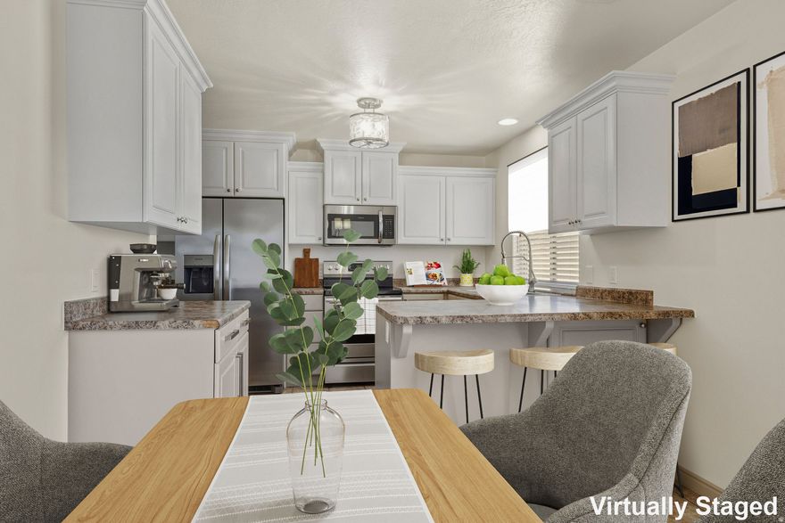 Updated Townhome with Private Backyard. This two-level townhome offers a perfect layout with clearly defined living spaces and practical features throughout. The main level includes an interior entry, living room, dining area, kitchen, laundry room, pantry and a half bathroom, creating an efficient flow for daily use. The kitchen includes a new sink and appliances, including a dishwasher, stove, and refrigerator. Tile flooring is featured on the main level, with carpeted living areas and upper-level bedrooms. Upstairs features the oversized primary en-suite bedroom with two additional bedrooms and a second full bathroom. Storage is integrated throughout the home, and ceiling fans are present in several rooms. The exterior includes a private backyard space and assigned covered parking plus an extra space per unit. The property is located near local shopping, dining, the community center and easy access to the freeway providing convenience for everyday living.