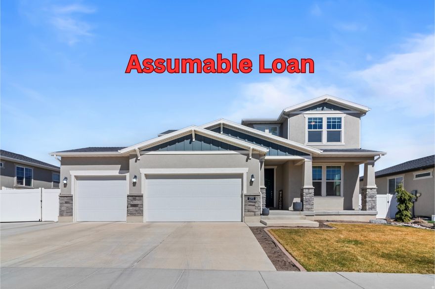 Assumable loan at 2.25% (VA) with an estimated $323,000 balance, open to all buyers, military or not. Monthly payment on the assumed loan is $1,902. Local lender offers piggyback second financing to cover the gap, with as little as $59K down.  Stunning 2019-built Ivory Home, known for quality construction, offering the storage and outdoor space that's nearly impossible to find. Over 66 feet of  RV/trailer parking in the back, a 3-car attached garage, and a beautifully landscaped .19-acre lot complete with garden boxes, drip irrigation, and full auto-sprinklers. Inside, the open floor plan features 3 bedrooms, 2.5 baths, and bright living spaces built for everyday comfort. The unfinished basement offers room to grow, easily finished as 2 additional bedrooms and a living room, or tailored to fit your needs. Enjoy the community's seasonal outdoor pool. Minutes from shopping, mountain biking, and off-road trails, with an easy commute to both Salt Lake City and Utah County.  Square footage figures are provided as a courtesy estimate only and were obtained from county records. Buyer is advised to obtain an independent measurement.   I've pre-explored piggyback lending option and have done several assumptions. If you have questions about the process or the numbers, or are looking for other assumable loans please reach out.