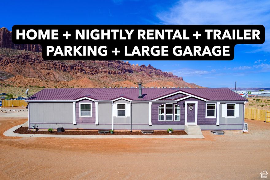 Spacious Home with Nightly Rental, Trailer Parking, & Oversized 3-Car Garage. This 7 bed, 4 bath, 4,774 sqft home has two separate levels and is zoned and licensed for nightly rentals. The full house could potentially sleep up to 28+ guests. You could use this home as one large rental or two separate units, live in one level and rent the other - or rent both. Situated on approximately 0.6 acres with stunning views, this home offers exceptional versatility, comfort, and income potential making it ideal for investment, multi-family use, or full-time living with rental income.  The main level features a spacious layout with 4 bedrooms, 2 bathrooms, large kitchen, separate living and family rooms, a wood-burning stove, and abundant storage throughout - perfect for long-term rental, owner occupancy, or short-term rental.  The fully remodeled lower level has a private entrance and is designed for short-term rental use. It boasts a beautiful open-concept kitchen with butcher block countertops and custom cabinetry, large dining area, family room with a 75" TV and pool table, and a game room with ping pong and a charming kid's space. This level includes 3 oversized bedrooms (including a bunk room), 2 elegant bathrooms, a laundry room, and sleeps up to 14 guests. Furniture downstairs can be included with the sale for a turn-key rental setup.  Step outside to enjoy a private patio with a grill, firepit and seating, ambient lighting, and a separate parking area for 3 additional vehicles. The property also features an amazing 1,200 sqft attached 3-car garage and extensive trailer/toy hauler parking - perfect for outdoor enthusiasts.  It has stunning views of the Moab Rim & La Sal Mountains, is in a quiet cul-de-sac just 10 minutes from downtown Moab, and is close to Arches, Canyonlands, and world-class outdoor recreation. With San Juan County nightly rental zoning and business license already secured, you're ready to start renting immediately.   Whether you're looking to invest, host, or simply enjoy a basecamp for your adventures in Moab, this property offers unlimited potential.  All information deemed reliable; buyer to verify all. NOTE: Property is undergoing a subdivision process. Final lot size will be approximately 0.6 acres but may vary slightly. Contact listing agent for details. Owner/Agent.