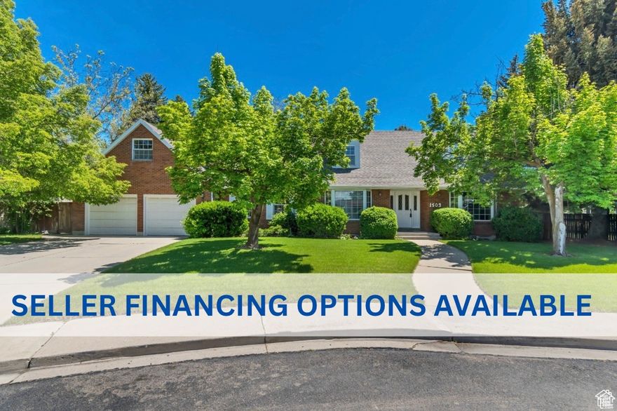 Seller Financing options available, see attached documents tab. This wonderful, multi-generational, all brick home in Provo's desirable Grandview neighborhood combines modern updates with timeless character. Set on a rare double lot (.58 acres) in a peaceful cul-de-sac, it boasts a spacious, open layout with a large great room perfect for family gatherings. The main floor features beautiful built-ins, adding warmth and functionality. The main floor also includes a den or home office and a stylish living room adorned with elegant wood trim detailing and a gas fireplace. The hard surface flooring on the main level is a stone polymer composite material.  The newly renovated kitchen is equipped with a gas cooktop, handmade Italian clay tile backsplash, granite countertops, stainless appliances, and modern finishes, while the adjacent dining area opens to a covered deck, ideal for outdoor entertaining. Upstairs, a huge second family room offers additional living space, perfect for a playroom, media room, entertaining or additional bedroom space. The home is also equipped with a generously sized laundry room, making daily tasks a breeze. With two master bedrooms (one on the main floor and one upstairs), a fully self-contained basement apartment with a separate entrance, and thoughtful touches throughout, this home is designed for comfort and convenience. The backyard is a private oasis, featuring mature trees, fruit-bearing plants, and plenty of room for relaxation or gardening. Enjoy 70 feet of Concord grapes, an array of fruit trees, and a variety of herbs and vegetables which include: 4-way apple, peach, 2 kinds of pears, apricot, raspberries, asparagus, artichoke, rhubarb, rosemary, bronze fennel, and chives. With a detached garage, garden shed, built-in sauna, and extensive storage spaces on every floor (which include deep shelving, deep drawers, a can roll, and a root cellar), this home truly offers everything you need. Buyer to verify all.
