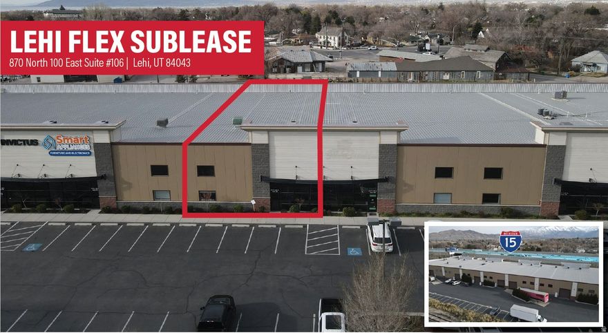 Total Available: 7,000 SF   - 1,000 SF Office   - 1,000 SF Mezzanine   - 5,000 SF Warehouse  Loading:   - One 14'x14' GL Door   - Shared Exterior Loading Dock  15'-20' Clear Height  Temperature Controlled Warehouse  LED Warehouse Lighting  Fire Suppression System  Master Lease Expiration: November 30, 2028  Zoning: Mixed Use  Free Span Warehouse  Freeway Frontage  Access: Easy Access to I-15  Location: Located in the Highly Desirable Submarket of Lehi With Easy Access From State Street