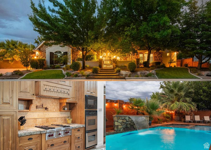 Beautiful home located in the quiet and secluded Cox Landing neighborhood near the heart of St George. The gourmet kitchen features high-end custom cabinetry, thick granite countertops, a gas cooktop with a wood hood and pot filler, and wall ovens. The spacious primary suite offers a roll-in steam shower with double shower heads, jetted tub, and a large walk-in closet with a stackable washer/dryer. The studio ADU has an exterior door, vaulted ceilings, a kitchenette, full bath, and a walk-in closet. Enjoy multiple gathering spaces, including a large basement family room with a kitchenette. The backyard features a saltwater pool with fountain, hot tub, outdoor kitchen with BBQ and TV, gas fire pit, and 2 covered patios surrounded by palm trees and mature landscaping.