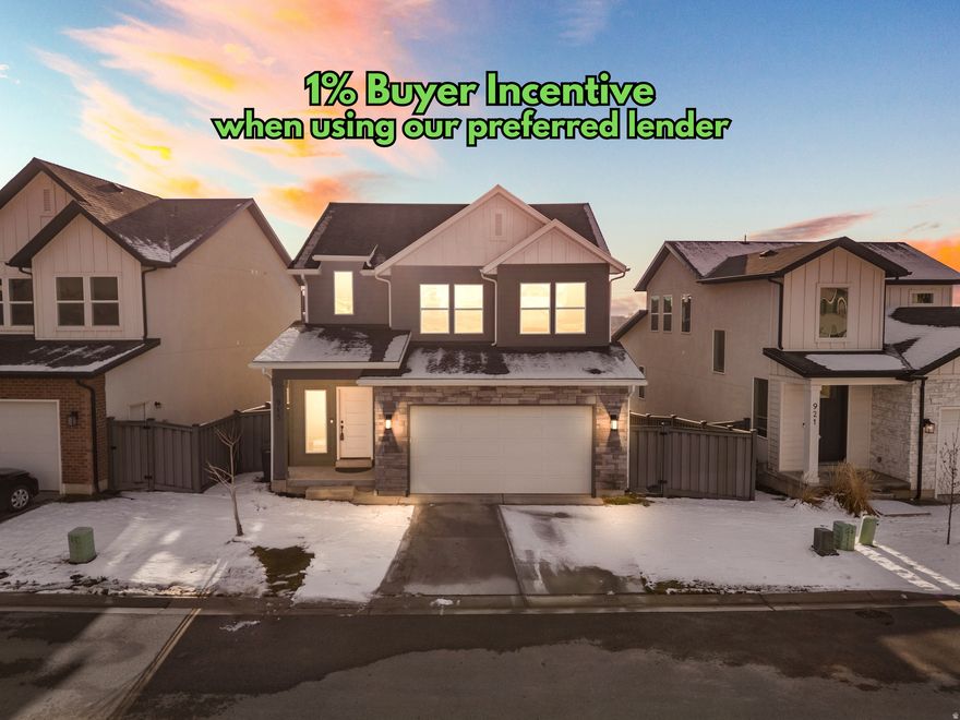 Open House: Sat (2/7): 11AM-2PM. $7690 BUYER INCENTIVE! Seller is offering 1% lender credit or a 1/0 temporary rate buydown when using seller's preferred lender, subject to qualification and lender approval. Not available in combination with Utah Housing loan. Contact agent for details. This 2023-built home is located in an excellent neighborhood with outstanding convenience. Station Park's shopping, dining, and entertainment options are minutes away, along with Lagoon amusement park. The area is only a few minutes from highly-rated schools, parks with walking trails and ponds, multiple grocery stores, and just 2 minutes to the freeway. The well-designed living space features an open-concept layout with a half bathroom on the main floor, & the east-facing orientation provides good natural light throughout the day. Every room has a walk-in closet and the neighborhood is well-lit at night. The home includes quality finishes and has been well-maintained by its first & only owner. Custom roller blinds have been installed throughout the home. The finished basement adds a family room, bedroom, and full bathroom, providing flexible space for guests, a theatre room, or a home office. Both front and back yards are fully landscaped, and designed for functionality and low maintenance. ALL figures are provided as a courtesy estimate only and were obtained from appraisal, tax data & previous MLS Listings. Buyer is advised to obtain an independent measurement and verification.