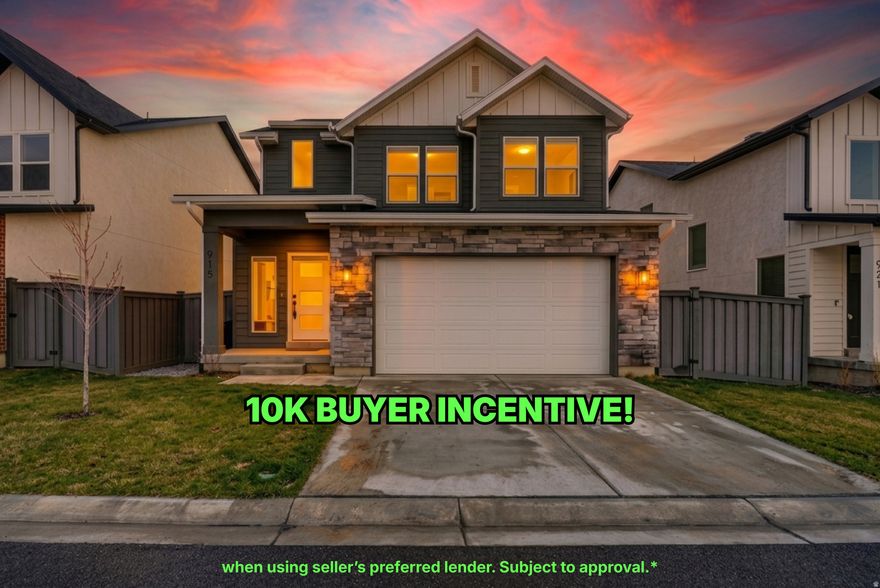 New Price + $10,000 Buyer Incentive | Open House Saturday 12-2PM   Like-new 2023 home, fully finished and move-in ready - now offered at a new price, creating one of the strongest opportunities in the neighborhood.  Filled with natural light from large windows, the open-concept main level flows seamlessly between the living, dining, and kitchen spaces, with a convenient half bath for guests. Every bedroom includes a walk-in closet, and the fully finished basement adds flexibility with a spacious family room, additional bedroom, and full bath - perfect for guests, a home office, or a theater setup.  Unlike many newer builds, this home is already complete with landscaping front and back, custom roller blinds throughout, and thoughtful upkeep by its original owner - saving you both time and additional costs.  Located just minutes from Station Park, Lagoon, top-rated schools, parks, grocery stores, and I-15 access.  Seller is offering an additional 1.25% lender credit or rate buydown (with preferred lender, subject to qualification) - creating a powerful opportunity to reduce your monthly payment and closing costs.