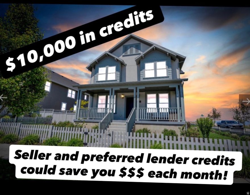 $10,000 CREDIT towards closing costs or rate buy down, plus additional preferred lender incentive! BETTER VALUE THAN NEW CONSTRUCTION! Prized combination: spacious .17 acre lot with 3-CAR garage! Enjoy PRIVATE 360 degree MOUNTAIN & city VIEWS on low traffic one-way street, sharing only 1 property line and no backyard neighbors (lots of antelope to watch). FINISHED BASEMENT w/UPGRADED plush carpet, including 2 more OVERSIZED bedrooms, bathroom, family room, 2 large storage rooms, laundry & full KITCHEN hookups ready for your custom finishes. (ADU or mother-in-law potential!) GORGEOUS popular ALEXANDRIA Destination Homes 2-story floor plan. SOUTH facing home features OPEN floor plan, OFFICE on main w/FRENCH doors for privacy, plus 2 family rooms, SPACIOUS kitchen w/STAINLESS STEEL appliances, QUARTZ countertops & over-sized island perfect for ENTERTAINING! Large PRIMARY SUITE w/ separate garden tub/shower, make-up station, DUAL sinks & amazing closet space. Oversized Bedrooms throughout home w/WALK-IN closets. Laundry upstairs & downstairs for ease of use!! CUSTOM mud room w/built in shoe rack & BARN door. Garage features epoxied floors, custom shelving for extra STORAGE, plumbed for natural gas & 2 fast EV chargers for 2 ELECTRIC VEHICLES. Enjoy amazing SUNSETS on your spacious covered FRONT PORCH across from BIKE park. FULLY FENCED backyard w/natural gas plumbed to PATIO. LOCATION!! Close to schools, new water course and ball park!! DAYBREAK features 40+ miles walking/biking trails, LAKE rentals, multiple UNIQUE PARKS, POOLS, community CENTERS, SPORTS courts, & GARDEN spots to lease, plus so much more all included in HOA. Enjoy convenience to BANGERTER hwy, MOUNTAIN VIEW corridor, the DISTRICT, Mountain View village, downtown Daybreak, concert venues, movie theatres, shopping & schools. Square footage per previous appraisal. Buyer/agent to verify all.