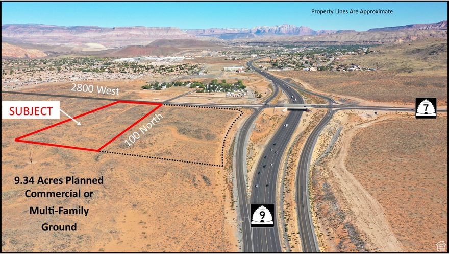 Approx. 9.34 acres planned commercial ground or multi-family residential ground. High visibility, located on SR-9 and intersection of SR-7. Adjacent to new 2800 W by-pass to 600 North corridor. See ''Documents''. Near Walmart. City will consider mixed-use apartments, townhomes, or commercial retail project. SR-7 is Southern Parkway that runs adjacent to Sand Hollow Reservoir, STG Airport, and connects to I-15 at Exit 2. Annual Average Daily Traffic count is 42,000 vehicles/day at SR-9.  Lot split from parcel H-3-1-31-1101.  Taxes are prorated estimate.  Adjacent 14.61 acre parcel available.   Acreage is an estimate.  Final acreage determined by lot split as approved by the City.