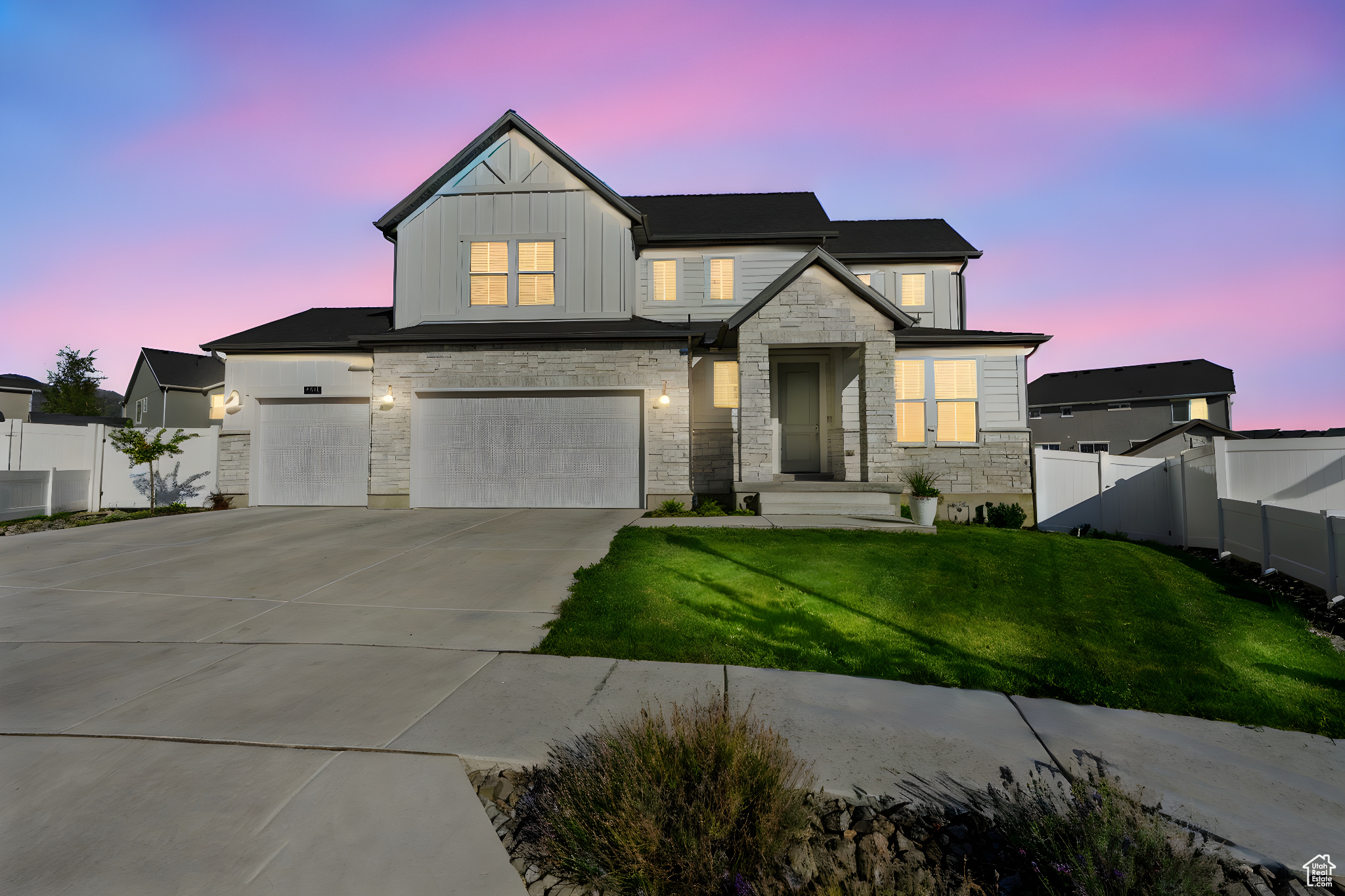 **PRICE IMPROVEMENT*** Modern Comfort Meets Timeless Charm in a Prime Location. Discover this beautifully designed modern farmhouse offering the perfect blend of style, space, and convenience. Inside, you'll find a bright, open floor plan ideal for both everyday living and entertaining with generous living areas, a dedicated office, and a gourmet kitchen that flows seamlessly into the heart of the home. The spacious primary suite is conveniently located on the main level, offering privacy and ease of access. Enjoy the flexibility of an unfinished basement ready to be customized to fit your needs; whether it's a home theater, gym, or additional bedrooms. Outside, the large .31-acre lot offers endless potential, with plenty of room to create your dream backyard. A rare 3-car garage provides ample storage for vehicles, gear, or hobbies.Situated just minutes from both Jordan Landing and Mountain View Village, this home offers quick access to shopping, dining, and entertainment, while still being tucked into a peaceful, residential setting.