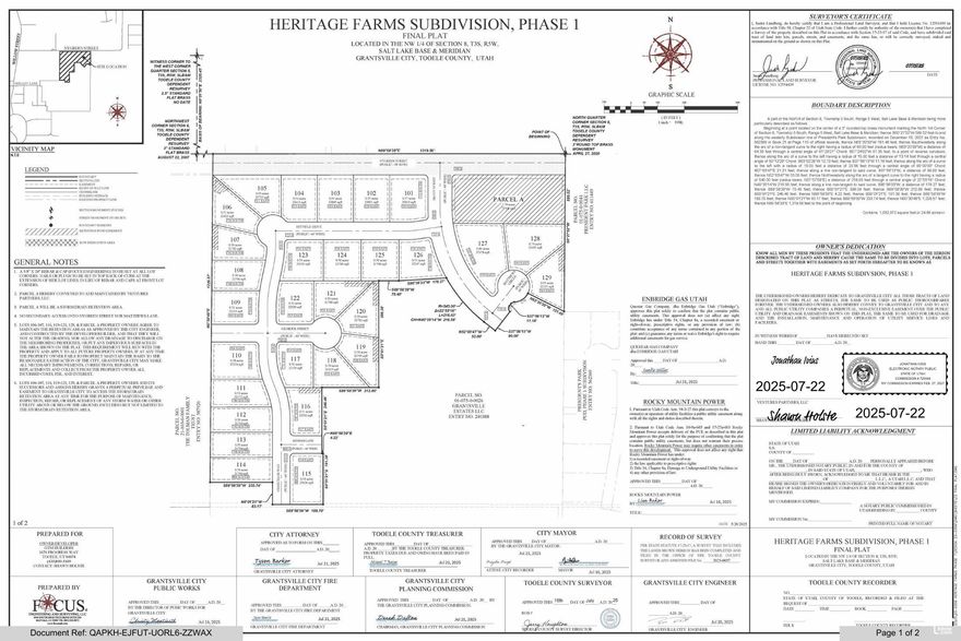 Heritage Farms Subdivision  Phase 1 offers 29 fully developed lots, ready for permits and immediate construction in a quiet, friendly, and close-knit community. Grantsville is an ideal bedroom community for commuters, providing the perfect balance of small-town charm and convenient access to the Salt Lake Valley.  With plans for up to four phases totaling 137 lots, Heritage Farms presents a strong opportunity for growth and investment. Grantsville is known for its more affordable housing compared to Salt Lake County, with larger lot sizes that provide extra space and privacy.  Residents enjoy abundant outdoor activities such as hiking, hunting, and exploring local parks and open fields. The community is also just minutes from the Utah Motorsports Campus, the Great Salt Lake, and the scenic Oquirrh Mountains-making it a great place to live, work, and play.
