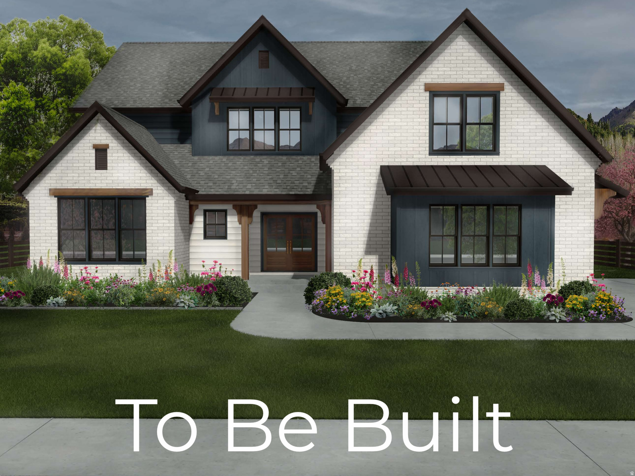 Two-story residential exterior featuring a light-colored brick and dark siding facade