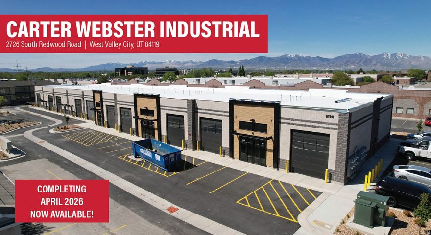 Unit 102 SF: 1,817  Fifteen (15) Total Units  Clear Height: 16'8"  Twenty (20) 12'x14' Grade Level Doors  Automatic Fire Sprinkler System  One (1) Restroom Per Unit  One (1) Shop Sink Per Unit  Power: 225 Amp 120/208 Y 3-Phase 4- Wire Per Unit  LED Lighting Throughout Warehouse  Gas Forced Heat Throughout Warehouse  Zoning: M (Manufacturing)  Construction Type: CMU Block  Estimated Completion: Q4  Lot Size: 2.4 Acres  Access: Easy Access off Redwood Road  Location: Located in the Highly Desirable West Valley City Submarket
