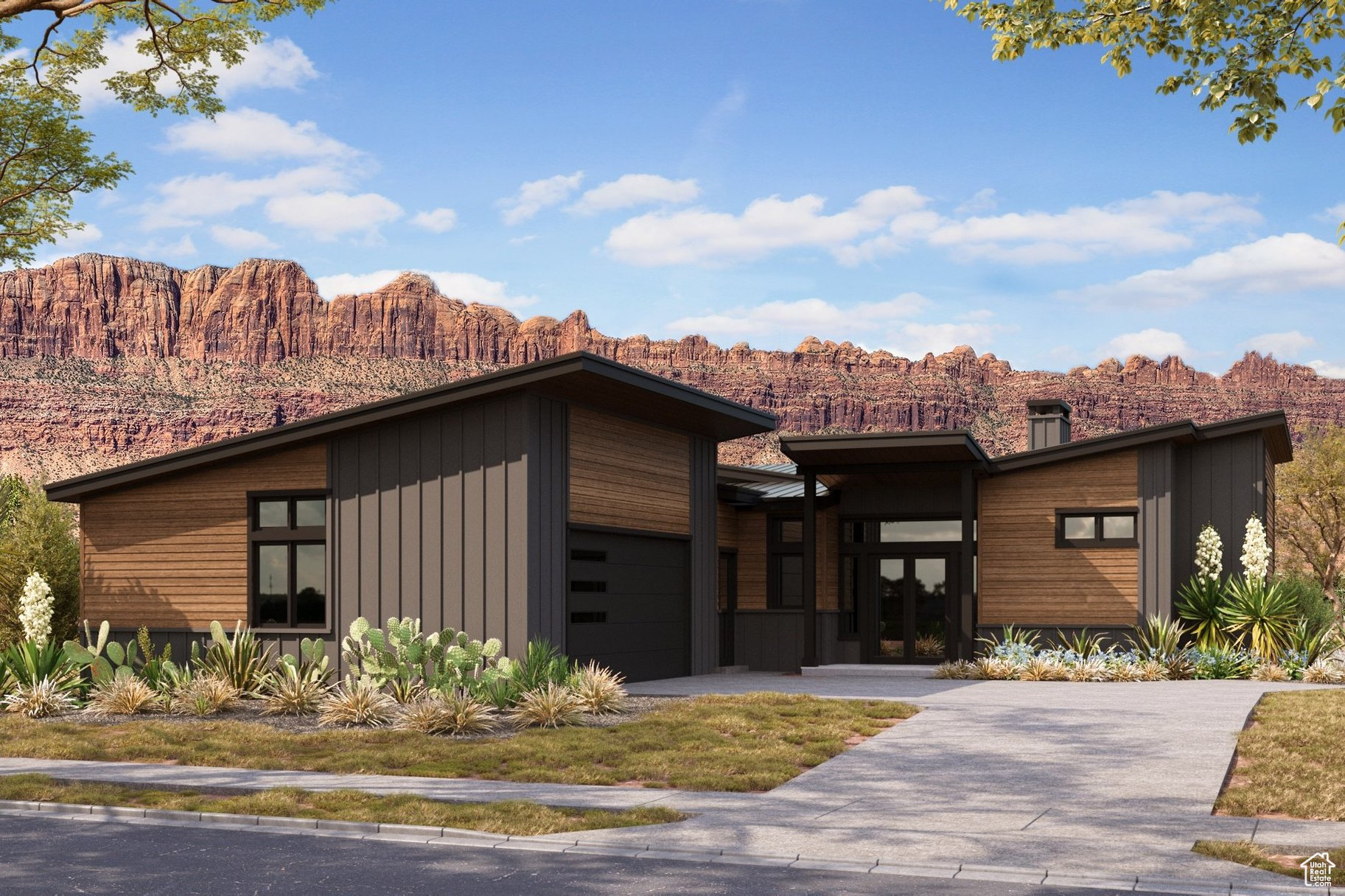 Custom home under construction in Moab's premier neighborhood, Vista Antigua. This gated subdivision is beautifully designed, tucked into a quiet corner, and backing up to open space-truly a hidden gem. The modern home blends clean lines with a desert vibe and offers an open concept kitchen and living area with a wet bar and walk-in pantry. At 1,992 sq ft, the floor plan features 3 bedrooms and 2.5 bathrooms, including two en suite bedrooms with walk-in closets. Enjoy two fireplaces-one in the living room and one in the primary suite-for cozy evenings. The courtyard is designed for entertaining with a built-in gas fire pit and BBQ. A mudroom/laundry room connects directly to the two-car garage for convenience. If purchased within a certain time frame, buyers will have the opportunity to choose their finishes.