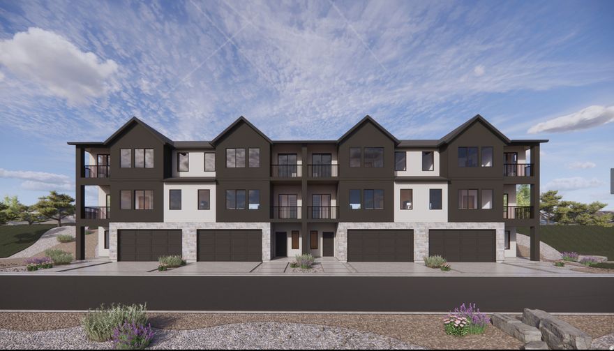 Now selling in the Inverness community in Lehi. The Overton (Mid Unit) is a 3-story townhome with 3 bedrooms, 2.5 bathrooms, and a 2-car garage. The first floor includes an unfinished flex space with a future bedroom and bathroom layout. The second floor features an open kitchen with an island, a walk-in pantry, a dining area, a family room, a powder bath, a covered patio, and an additional deck. The third floor includes all bedrooms, a walk-in closet in the owner's suite, two full bathrooms, a laundry room, and a flex room with a private deck. Total finished square footage is approximately 2,405. Located near main Lehi corridors with community access to the clubhouse and common areas.