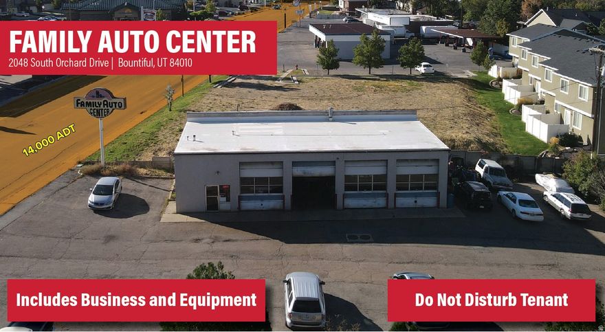 Total Building: 1,827 SF  Four (4) 10'x12' Grade Level Doors  Hydraulic Lifts, Diagnostics Machines, Parts Inventory, Etc. Included in Sale  Small Reception/Office Area  One (1) Restroom  Clear Height: 14'  Lot Size: 0.348 Acres  Gas Forced Heaters in Warehouse  Floor Drains Throughout  ADT: 14,000  Year Built: 1977  Zoning: CG (General Commercial)  Business is also for sale, and Business Financials can be provided.