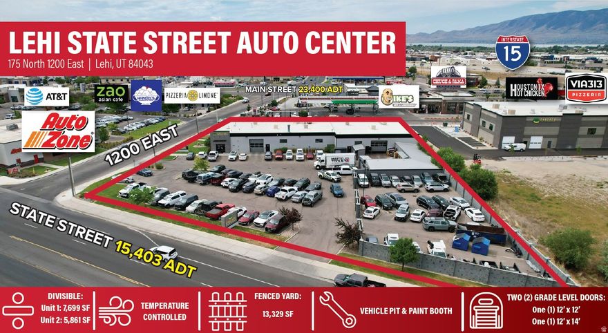 13,560 SF building sits on a 1.33-acre lot and offers exceptional functionality for a variety of commercial uses. Built in 2013, the property features two grade level doors, paint booths, three restrooms, a secured and fenced 13,140 SF yard (including 2,000 SF of covered outdoor storage), and 85 on-site parking stalls. Zoned C (Commercial), the site is ideally situated between Lehi's major commercial corridors-Main Street and State Street-with direct access off the Lehi Main Street exit of I-15. The location boasts outstanding visibility and traffic counts, with over 15,000 cars daily on State Street, 23,000+ on Main Street, and 167,000+ along I-15, ensuring consistent exposure and accessibility.   For more information, reach out directly to receive the property flyer. Square footage figures are provided as a courtesy estimate only. Buyer is advised to obtain an independent measurement.