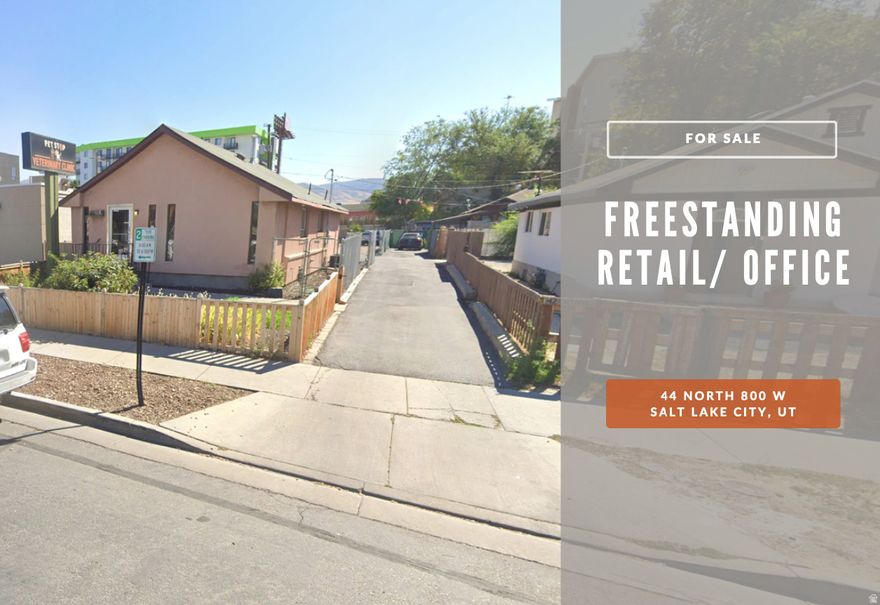 Freestanding commercial building in one of Salt Lake City's most dynamic and rapidly evolving corridors. Situated in the North Temple District just west of I-15, this 2,600 SF single-story building sits on a 0.21-acre lot with valuable outdoor space to the rear - offering flexibility for parking, outdoor operations, storage, or future expansion that is increasingly hard to find this close to downtown.  With the current veterinary operator vacating, the property is ready for a new owner-user or investor to reposition for retail, office, medical, personal services, or a range of other uses permitted under the flexible TSA-UN-C zoning.