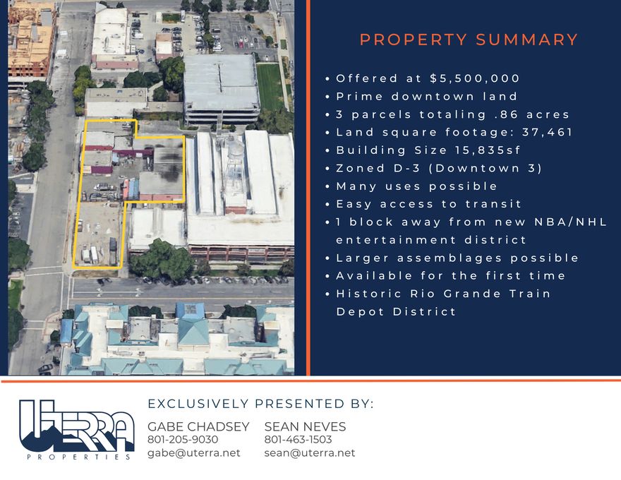 Extremely rare opportunity to own almost an acre of prime downtown SLC land. Approx. 16,000sf of existing buildings. Offering includes parcels 15-01-179-011 and 15-01-179-005. 3 parcels totaling .86 Acres. Zoned D-3 with many possible uses. Across from the Historic Rio Grande Train Depot District and 1 block from the new NBA/NHL Entertainment District.