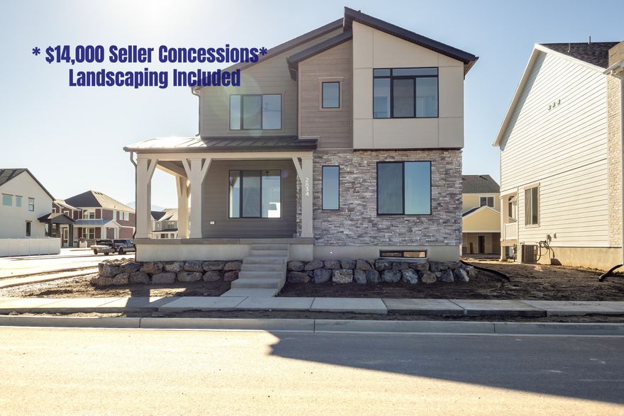 Do you enjoy long walks on walking trails straight from your home, beautiful sunsets off your front porch, or activities like pickleball or volleyball steps away from home? Then this might be the home for you. Awesome modern design with tasteful finishes throughout. Premium features like custom soft close cabinetry, tall windows, and a huge primary suite make this home a great value. Landscaping and fencing included in the purchase price and over $13,000 in seller concessions available and a no cost refinance for 3 years with builders preferred lender.