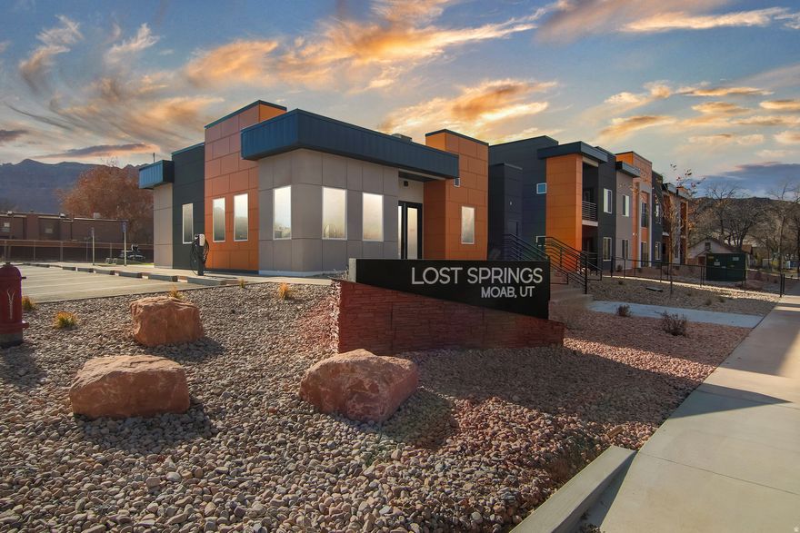 Lost Springs Residences offers elevated luxury in the heart of Moab. This 1-bedroom, 1-bath unit features high-end finishes, an open living space, and access to a clubhouse with premium amenities - including Tesla E-chargers, bike storage, a mail room, weight room, and a welcoming meet-up area with a pool table (coming soon). Residents also enjoy a community grill, lounge area, and a Tesla charging station - all just steps from downtown. Ideal for full-time living, a vacation escape, or investment opportunity, this modern community is now ready for residents with a Certificate of Occupancy issued. Optional gear garages (6 available) are sold separately. Actual renderings may be subject to change. Active Employment Household unit (AEH): Developer's affidavit or additional requirements from the City of Moab may accompany the approval process.