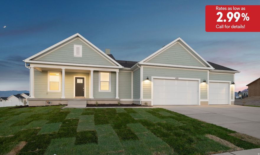 Price improvement!! PLUS **Rates as low as 2.99% with our preferred lender!! (call for details)** Enjoy MAIN-LEVEL LIVING on a giant 0.65-acre lot, just 35 minutes from downtown Salt Lake City! This stunning home offers breathtaking mountain views from the family room and convenient access to outdoor recreation. The open-concept layout is perfect for modern living, featuring a cozy FIREPLACE and designer finishes throughout. With vaulted ceilings, the home includes three finished bedrooms, highlighted by a large primary suite with a walk-in closet, double vanity, and a seperate tub and shower. The upgraded kitchen boasts an extra large island, backsplash, and quartz countertops! Additional features include board and batten wainscot in the front room, a 3-car garage, walk-in laundry room with cabinets, a welcoming living room designed for greeting guests, built in mudroom cubbies, and completed front yard landscaping. Schedule a tour today, and ask about our current incentives! Buyer and buyer's agent to verify all information