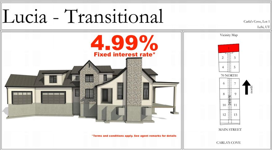 4.99% FIXED INTEREST RATE ON SELECT HOMES!! See agent remarks for details! *** OPEN HOUSE SATURDAY OCT 11 10AM-2PM!!*** 5,070 SQFT | 4 Beds | 3.5 Baths | 3-Car Garage | .30 Acre Lot Custom build alert-this isn't your run-of-the-mill house. Just a few steps from historic Lehi Main Street, this one-of-a-kind beauty sits at the end of a dead-end street for maximum privacy. Estimated completion early December, this home was designed from the ground up to take full advantage of its massive .30-acre lot. 4 bedrooms, 3.5 baths, and every finish hand-picked for style and quality. The open, sprawling layout flows out to a large covered patio with full landscaping, making it perfect for everything from epic backyard parties to just chilling with your favorite Swig drink! This is the only home of its kind-don't sleep on it.