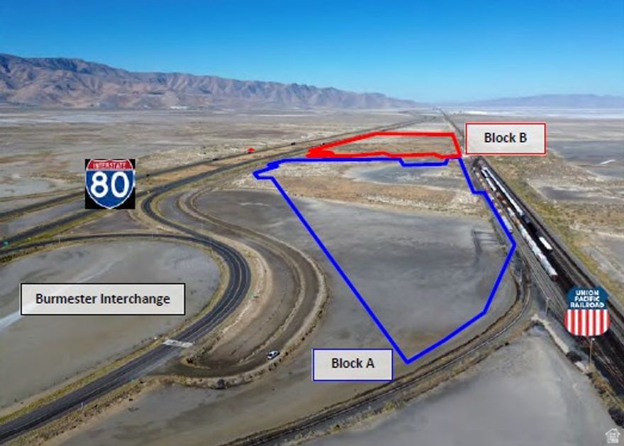 112.83 industrial acres off Burmester Road & I-80 in Tooele County, UT. Excellent location & exposure on NW corner of I-80 Exit 88 - Burmester.  Property abuts Union Pacific Railroad & Stauffer Yard Office Property is offered together or separate: Block A - 52.48 Acres-04-075-R-0005, 04-074-0-0009, & 04-074-0-0010 (2025 Taxes: $5,843) - MG Zone (Manufac. Gen) Block B - 60.71 Acres-04-074-0-0011, 01-006-R-0008, 04-074-0-0006, 01-003-0-0006, & -0038 (2025 Taxes: $6,182) - MG Zone (Manufac. Gen) Acreage is currently undeveloped and in three non-contiguous blocks. Land is a mix of higher ground and low areas impacted by water. Power available in area and surrounding properties. Located 4.5 miles north of the Grantsville City utilities. 7 miles northwest of Tooele,, 22 miles west of Salt Lake City, Utah.