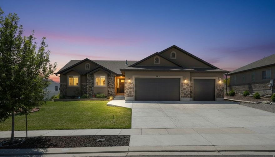 No showings until Open House, Saturday, 9 May, 11:00 - 2:00.  Modern Elegance in Pelican Bay! This beautifully maintained 3,670 sq ft rambler offers an ideal blend of comfort, style, and functionality in a highly desirable location. Built in 2017, the main level features a stunning great room with soaring vaulted ceilings, 3 spacious bedrooms, and 2 bathrooms, including a private primary suite with walk-in closet and separate tub and shower.  The fully finished basement adds incredible flexibility-perfect for entertaining or multi-generational living. Enjoy a dedicated theater room with included screen, projector, speakers, and receiver, along with 2 additional bedrooms (one currently used as a recording studio), a stylish bathroom with walk-in shower, convenient cold storage, and plumbing already in place for a future kitchen.  Situated on a flat 0.25-acre lot, the outdoor space is designed for both relaxing and entertaining, featuring a patio with pergola, open deck, and a fully automatic sprinkler system. The oversized 3-car garage with tandem depth offers extra height and versatility, accommodating up to 4 vehicles, plus approximately 90' of RV or boat parking.  Additional highlights include a water softener and whole-home filtration system. Solar panels and batteries are excluded from the sale.  Located in the Alpine School District, 1 block from Harbor Point Elementary, this home also includes access to outstanding community amenities such as parks, playgrounds, sports courts, picnic areas, and scenic waterfront walking trails-all for a low annual fee. Walking distance to the Saratoga Springs Marina and a newly completed park, this location is perfect for enjoying an active, outdoor lifestyle.  Turn-key and move-in ready-this is the home you've been waiting for!  Square footage figures are provided as a courtesy estimate only and were obtained from county records. Buyer is advised to obtain an independent measurement.